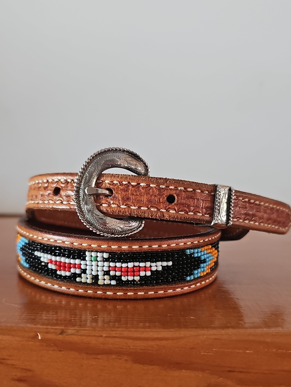 Leather Beaded Belt - Black & Brown